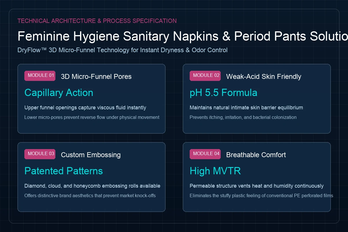 Feminine care 3D perforated nonwoven application diagram