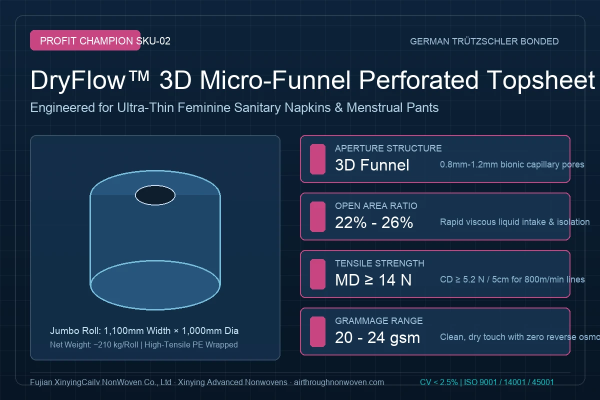 DryFlow 3D micro-funnel perforated through-air nonwoven roll showing aperture structure
